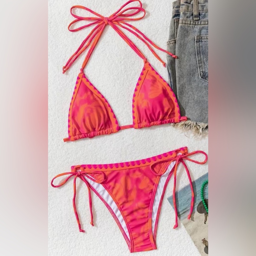 Vibrant Pink Orange Halter Bikini Set